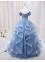 Blue Beaded Off Shoulder Tulle Long Formal Dress, Blue Evening Dress Prom Dress