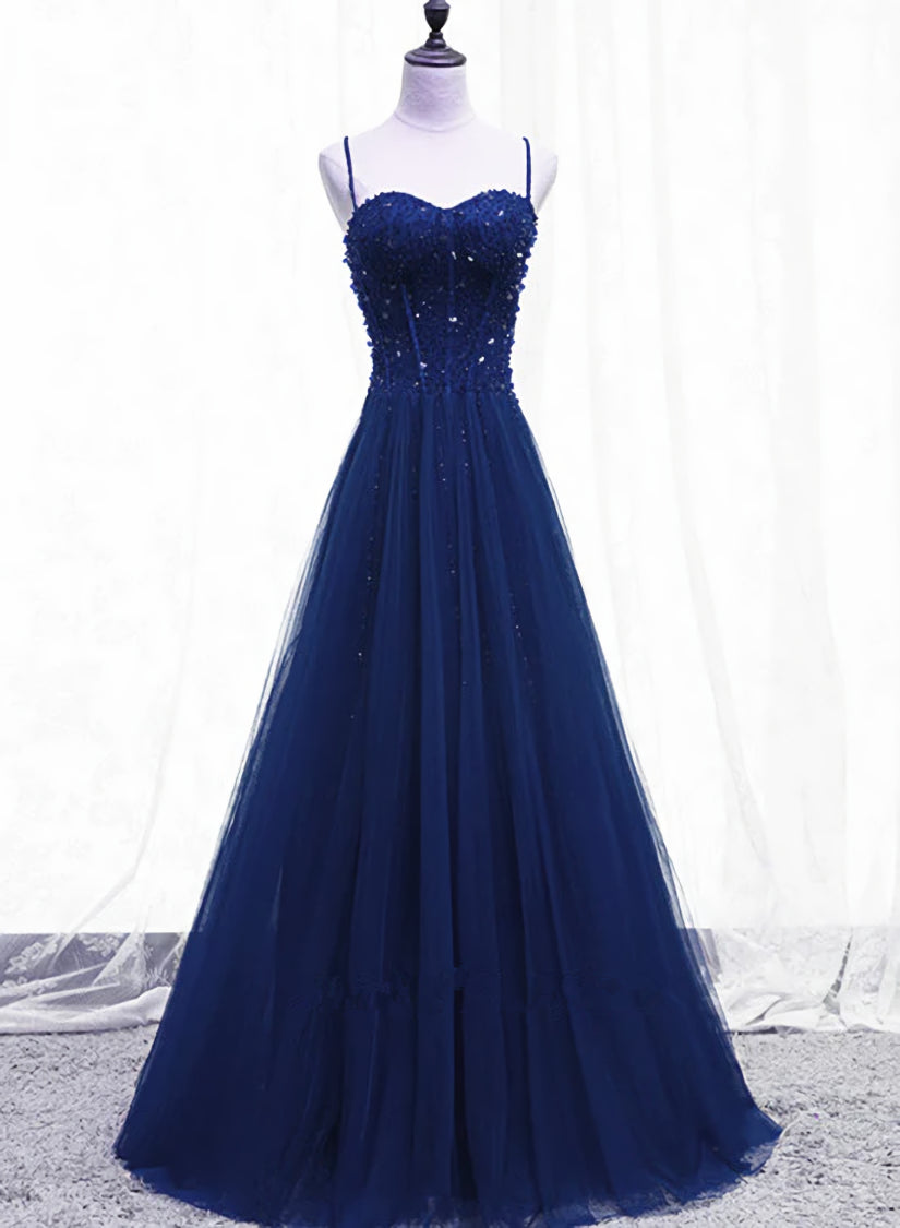 Blue Beaded Straps A-line Tulle New Prom Dress Party Dress, Blue Floor Length Party Dress