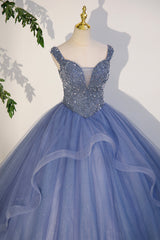 Blue Beaded Tulle Long A-Line Prom Dress, Blue Formal Dress