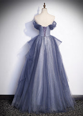 Blue-Grey Long A-line Off Shoulder Party Dress, New A-line Prom Dress Evening Dress