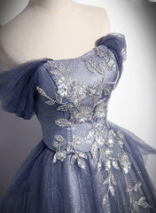 Blue-Grey Long A-line Off Shoulder Party Dress, New A-line Prom Dress Evening Dress