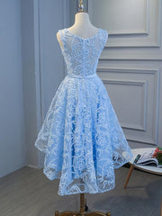 Blue High Low Lace Prom Dresses, Blue High Low Lace Graduation Homecoming Dresses