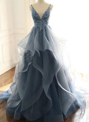 Blue Lace Top with Layers Tulle Prom Dress, New Straps Evening Gown