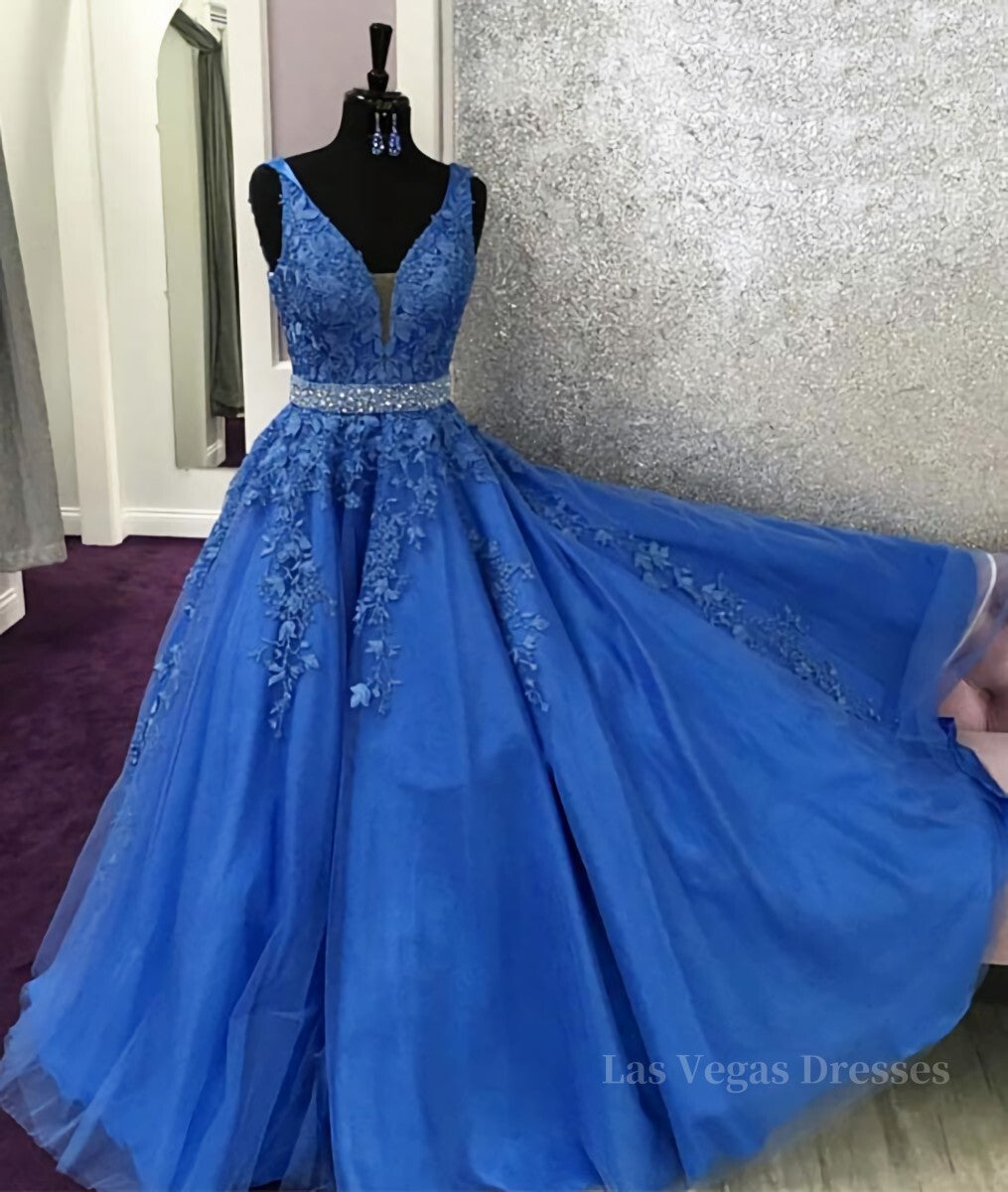 Blue lace tulle long prom dress, blue tulle lace evening dress