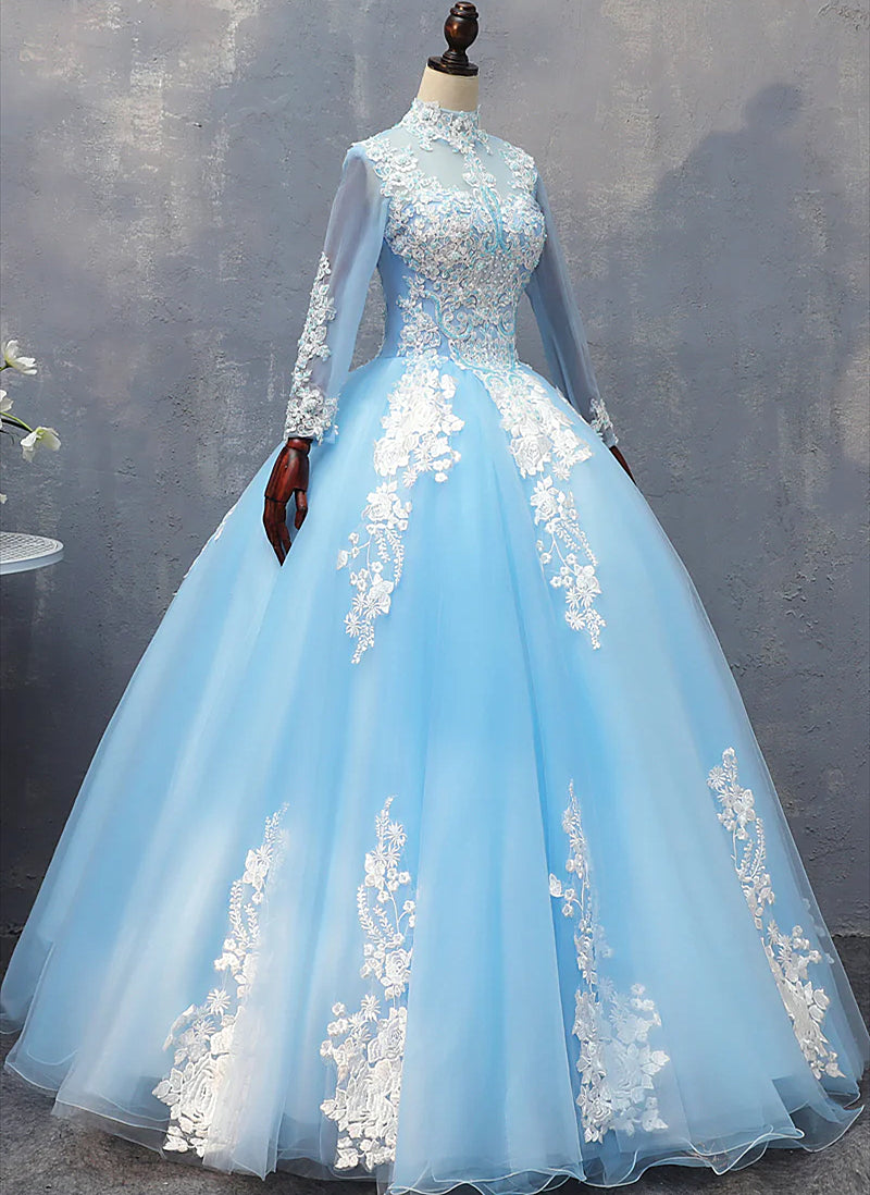 Blue Long Sleeves lace Tulle Sweet 16 Dress, Light Blue Ball Gown Formal Dress, Party Dress