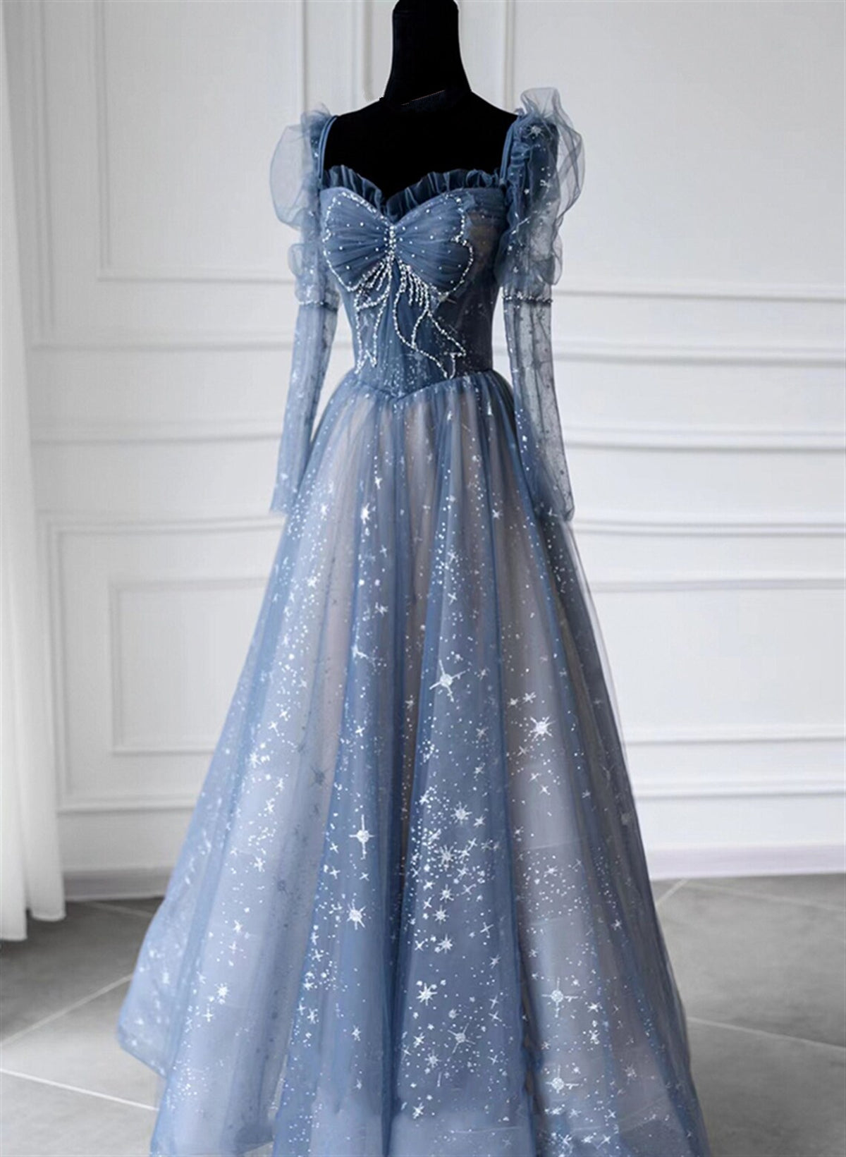 Blue Long Sleeves Sweetheart Beaded Tulle Formal Dress, Blue A-line Prom Dress
