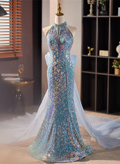 Blue Mermaid Sequins Halter Long Party Dress with Bow, Blue Sequins Prom Dress