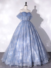 Blue Off Shoulder Ball Gown Floral Tulle Party Dress, Blue Sweet 16 Dress