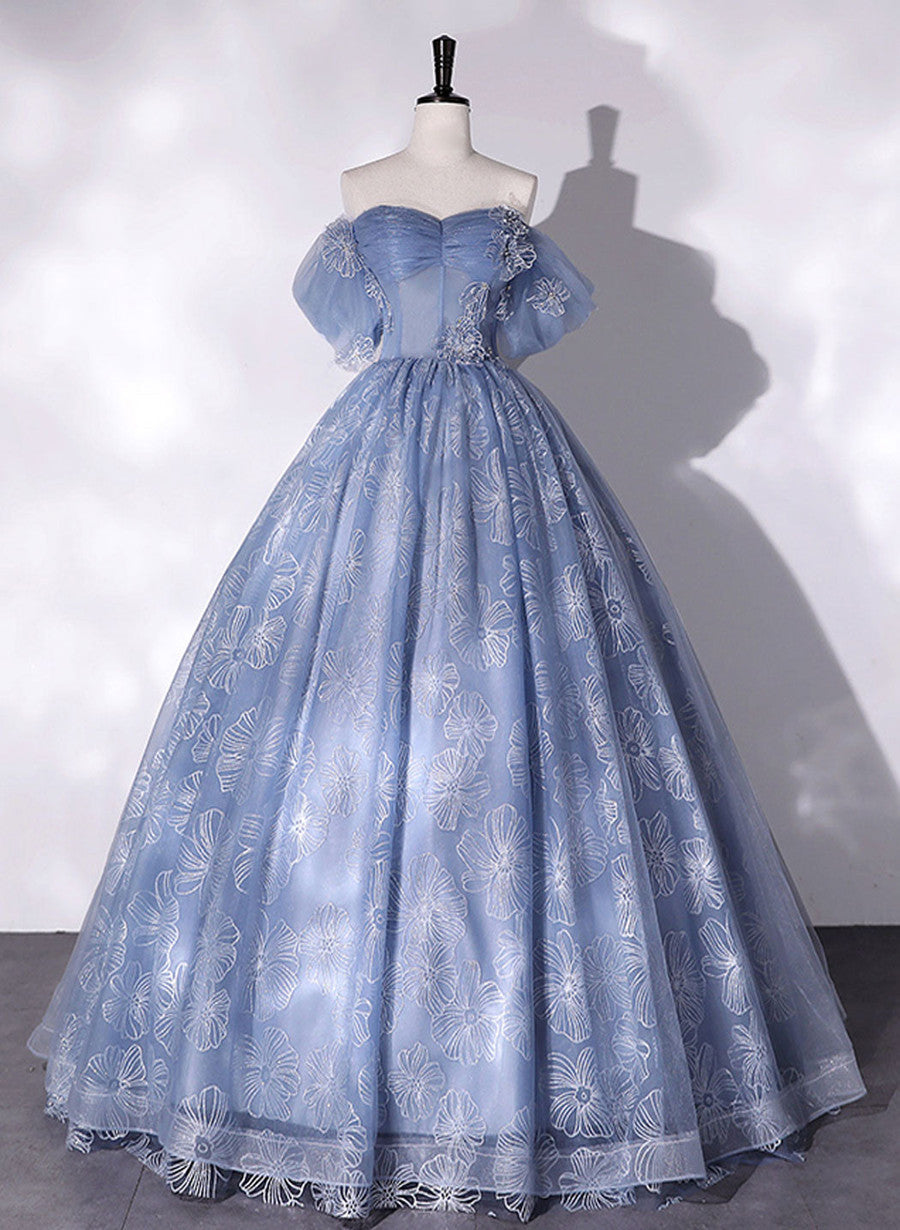 Blue Off Shoulder Ball Gown Floral Tulle Party Dress, Blue Sweet 16 Dress