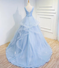 Blue Prom Dresses V-neck Ball Gown Sweep Train Party Dress, Sweet 16 Gown