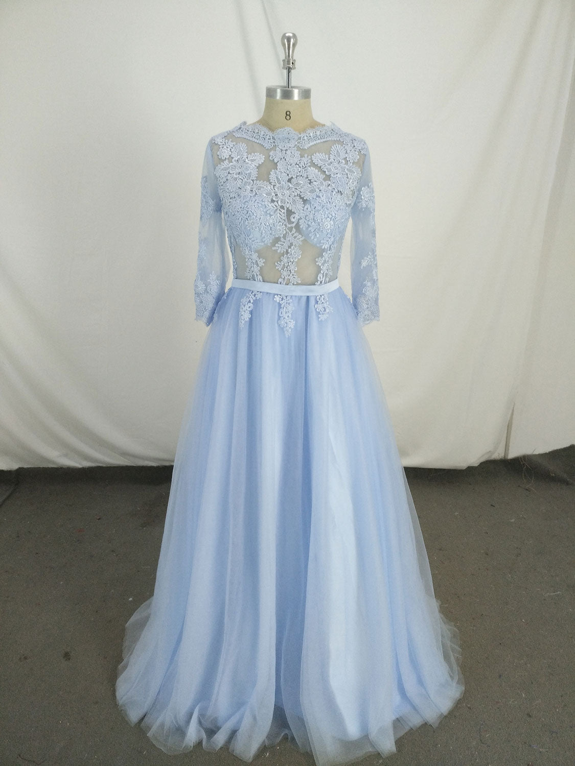 Blue Round Neck Tulle Lace Long Prom Dress, Blue Tulle Lace Evening Dress