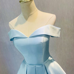 Blue Satin Cute Short Homecoming Dress, Off Shoulder Party Dress