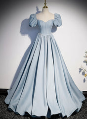 Blue Satin Long Prom Dress with Pearls, Blue Short Sleeves A-line Evening Dress