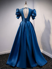 Blue Satin Long Prom Dress with Short Sleeves, Blue Evening Formal Dress