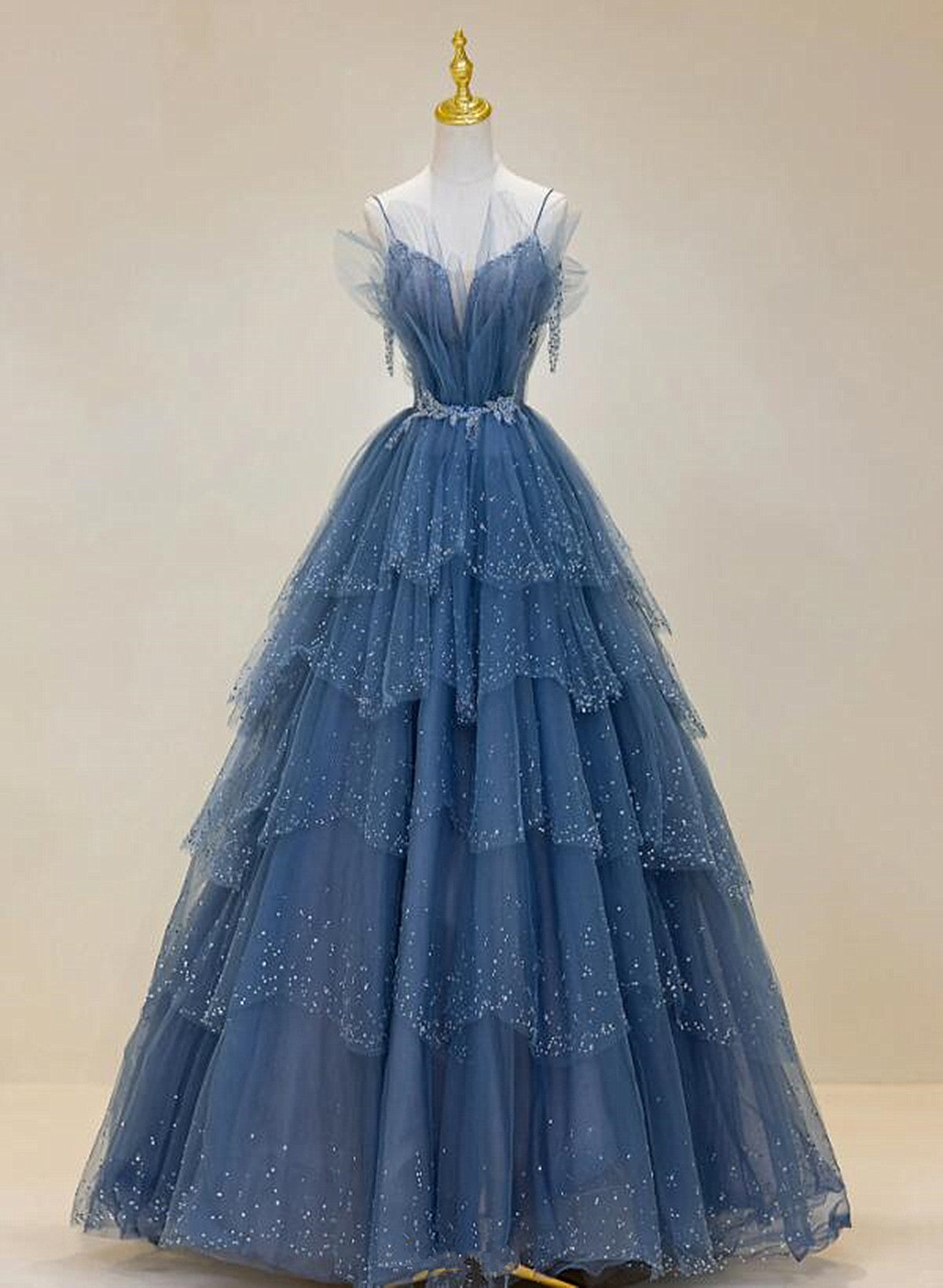 Blue Shiny Tulle Long Beaded A-line Prom Dress, Blue Floor Length Party Dress
