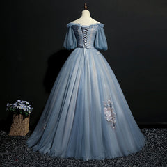 Blue Short Sleeves Long Tulle with Flower Applique Party Dress, Blue Sweet 16 Dress
