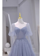 Blue Short Sleeves Tulle Long Sweetheart Party Dress, A-line Blue Prom Dress