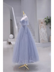 Blue Short Sleeves Tulle Long Sweetheart Party Dress, A-line Blue Prom Dress