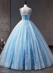Blue Straps Tulle Floral Long Prom Dress, Blue Formal Dress Party Dress