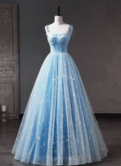 Blue Straps Tulle Floral Long Prom Dress, Blue Formal Dress Party Dress