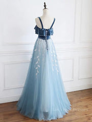 Blue tulle lace long prom dress, blue tulle formal dress