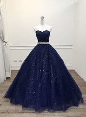 Blue Tulle Long Evening Gown Party Dress, Navy Blue Sweet 16 Gown