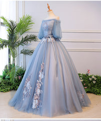Blue Tulle Off Shoulder with Lace Floral Long Party Dress, Cute Party Dress Prom Dress