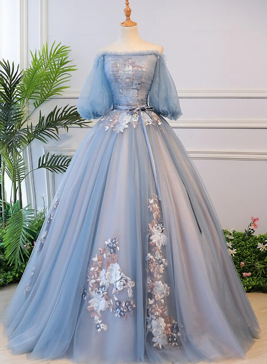 Blue Tulle Off Shoulder with Lace Floral Long Party Dress, Cute Party Dress Prom Dress