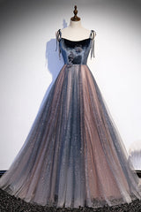 Blue Tulle Spaghetti Strap Long Prom Dress, A-Line Lace-Up Evening Dress