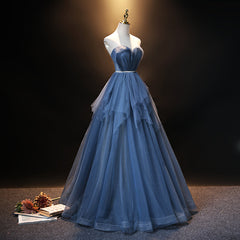 Blue Tulle Sweetheart Simple Pretty Floor Length Party Dress, Blue A-line Evening Dress Prom Dress
