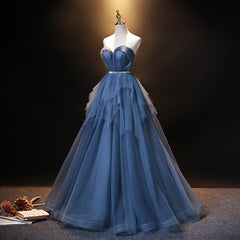 Blue Tulle Sweetheart Simple Pretty Floor Length Party Dress, Blue A-line Evening Dress Prom Dress
