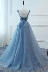 Blue Tulle V-neckline Long Party Dress , Tulle Formal Dress