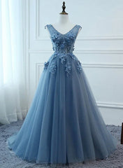 Blue Tulle V-neckline Long Party Dress , Tulle Formal Dress