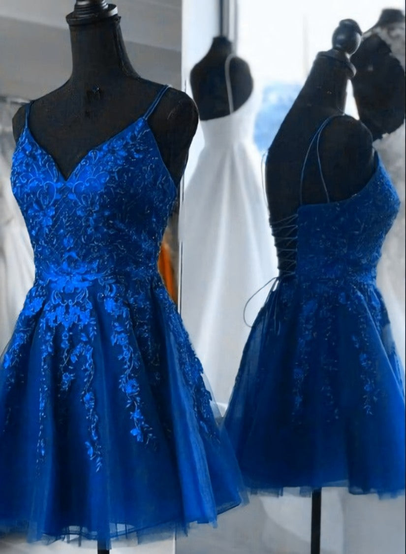 Blue Tulle with Lace Straps Short Homecoming Dress, V-neckline Blue Prom Dresses