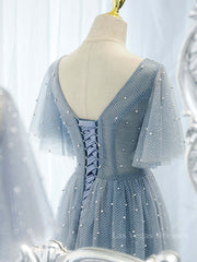 Blue v neck tulle beads long prom dress, blue tulle formal dress