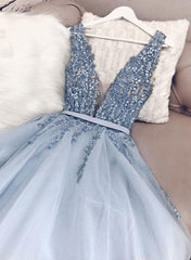 Blue v neck tulle beads long prom dress, evening dress