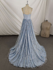 Blue V Neck Tulle Sequin Long Prom Dress, Blue Aline Formal Graduation Dress