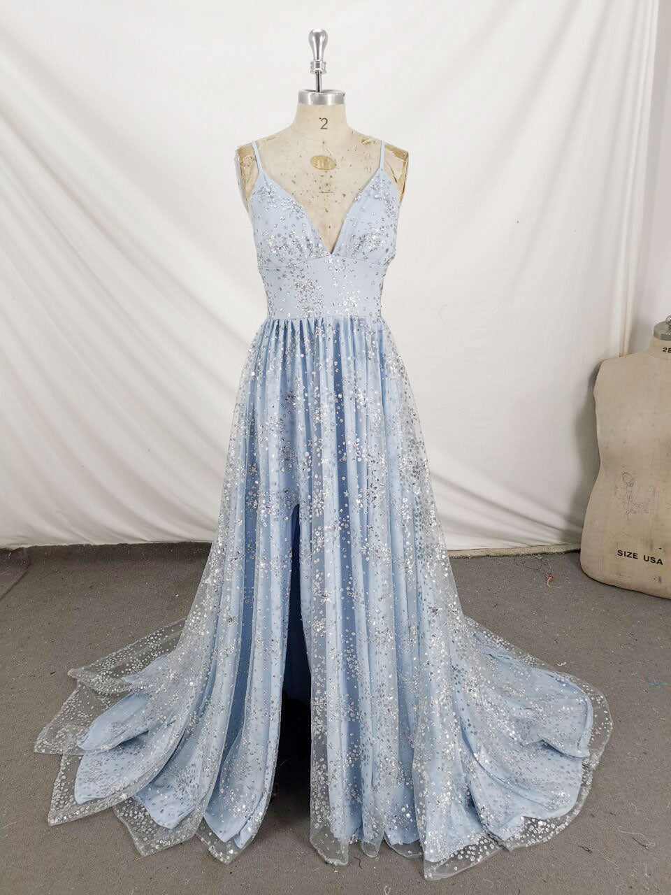 Blue V Neck Tulle Sequin Long Prom Dress, Blue Aline Formal Graduation Dress