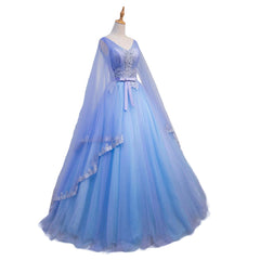 Blue V-neckline Prom Dress with Long Sleeves, Lace Applique Party Dress For Teen