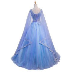 Blue V-neckline Prom Dress with Long Sleeves, Lace Applique Party Dress For Teen