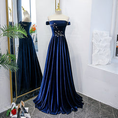 Blue Velvet Beaded Elegant Off Shoulder Evening Dress, Blue Long Prom Dress Party Dress