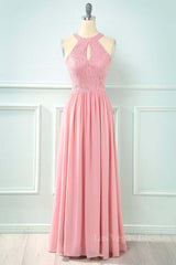 Blush Pink Halter Chiffon Long Bridesmaid Dress with Keyhole
