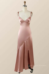 Blush Pink Silk Sheath Long Bridesmaid Dress with Slit