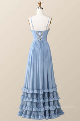 Boho Style Dusty Blue Ruffles Long Bridesmaid Dress