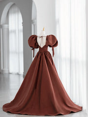 Brown Satin Short Sleeves Long Party Dress, Brown V-neckline Prom Dress