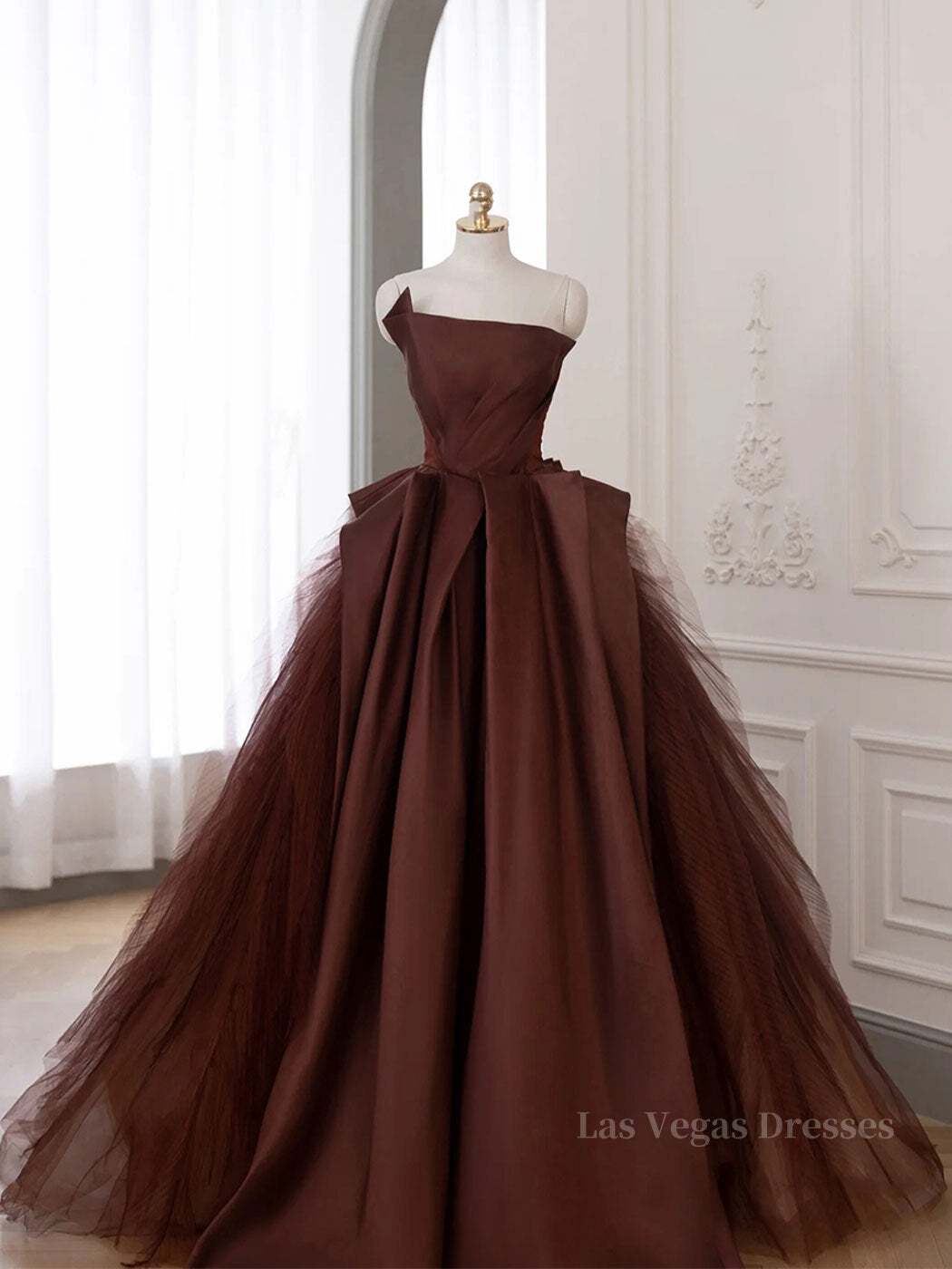 Brown Satin Tulle Long Prom Gown, Brown Long Evening Dresses