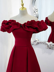 Burgundy A-Line Off Shoulder Satin  Short Prom Dress, Burgundy Homecoming Dress