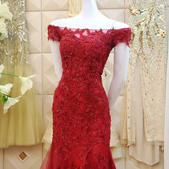 Burgundy Mermaid Tulle Evening Gown with Lace Applique, Off Shoulder Prom Dress