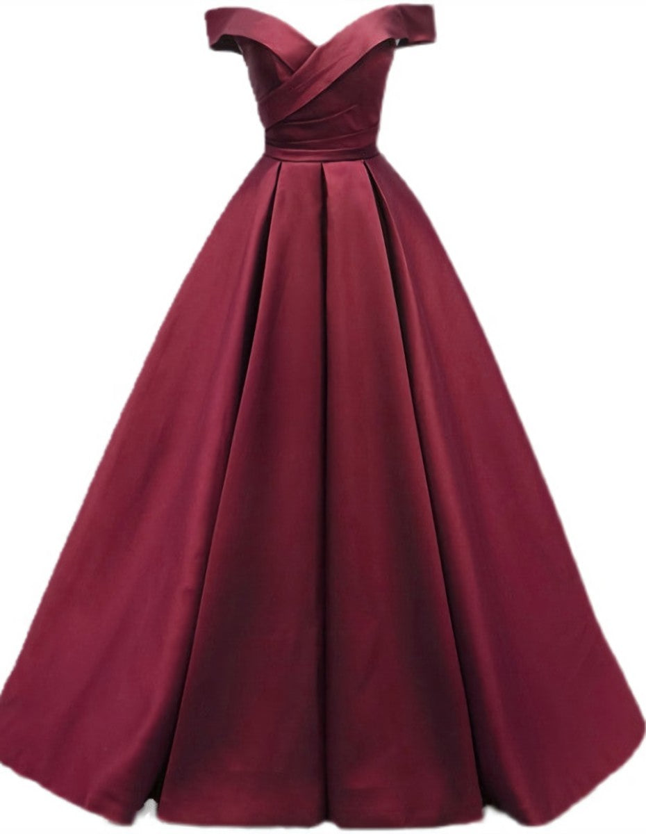 Burgundy Simple A-line Floor Length Satin Off Shoulder Party Dress, Long Evening Dress