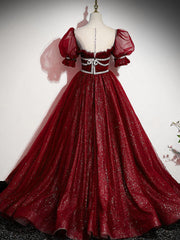 Burgundy Tulle Sequin Long Prom Dress, Burgundy Formal Evening Dresses